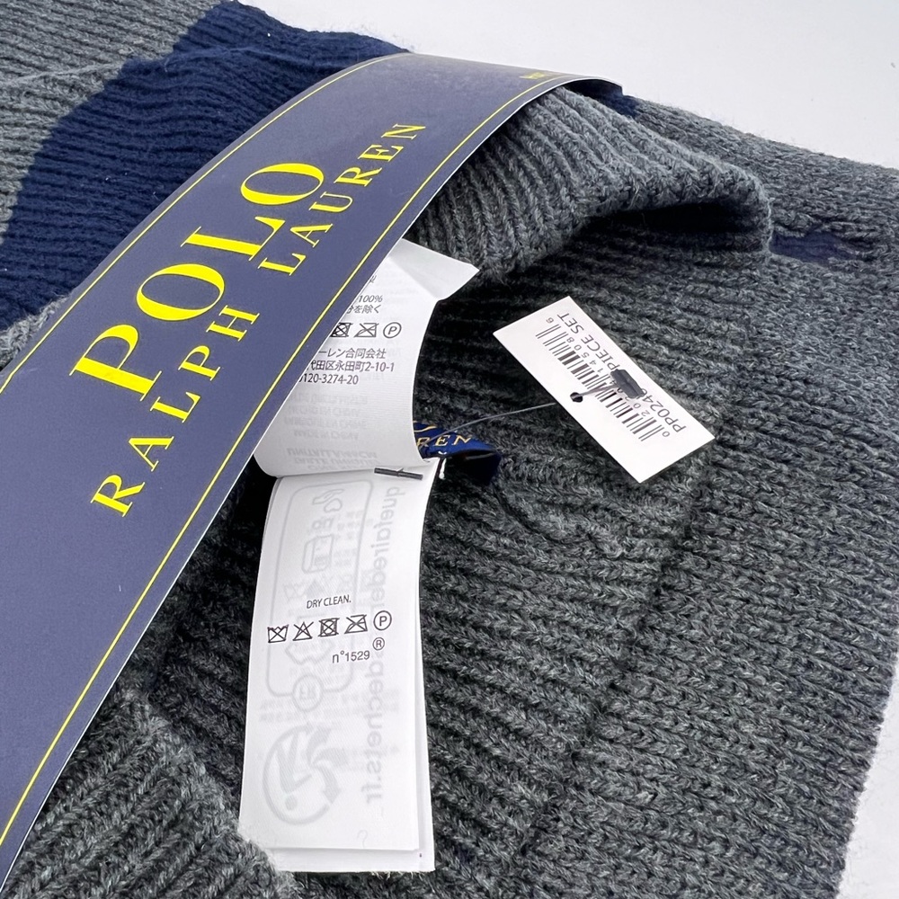 POLO RALPH LAUREN GREY AND NAVY BLUE BEANIE WITH MATCHING SCARF, UNISEX - Picture 12 of 14